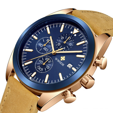 WWOOR 8838  Chronograph Watch Men Quartz  Wristwatch Blue Sports Leather Watches